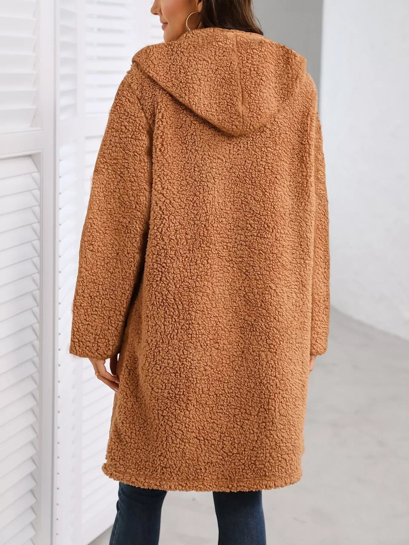 Brown zip-up hooded teddy bear coat with pockets