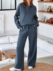 Dusty Blue Collared Sweatshirt and High Waist Pants Active Set | Daverri Fashions