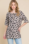 BOMBOM Button Detail Exposed Seam Leopard Half Sleeve Top - DAVERRI FASHIONS
