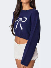 Bow Round Neck Cropped Sweater | Sweaters Daverri Fashions