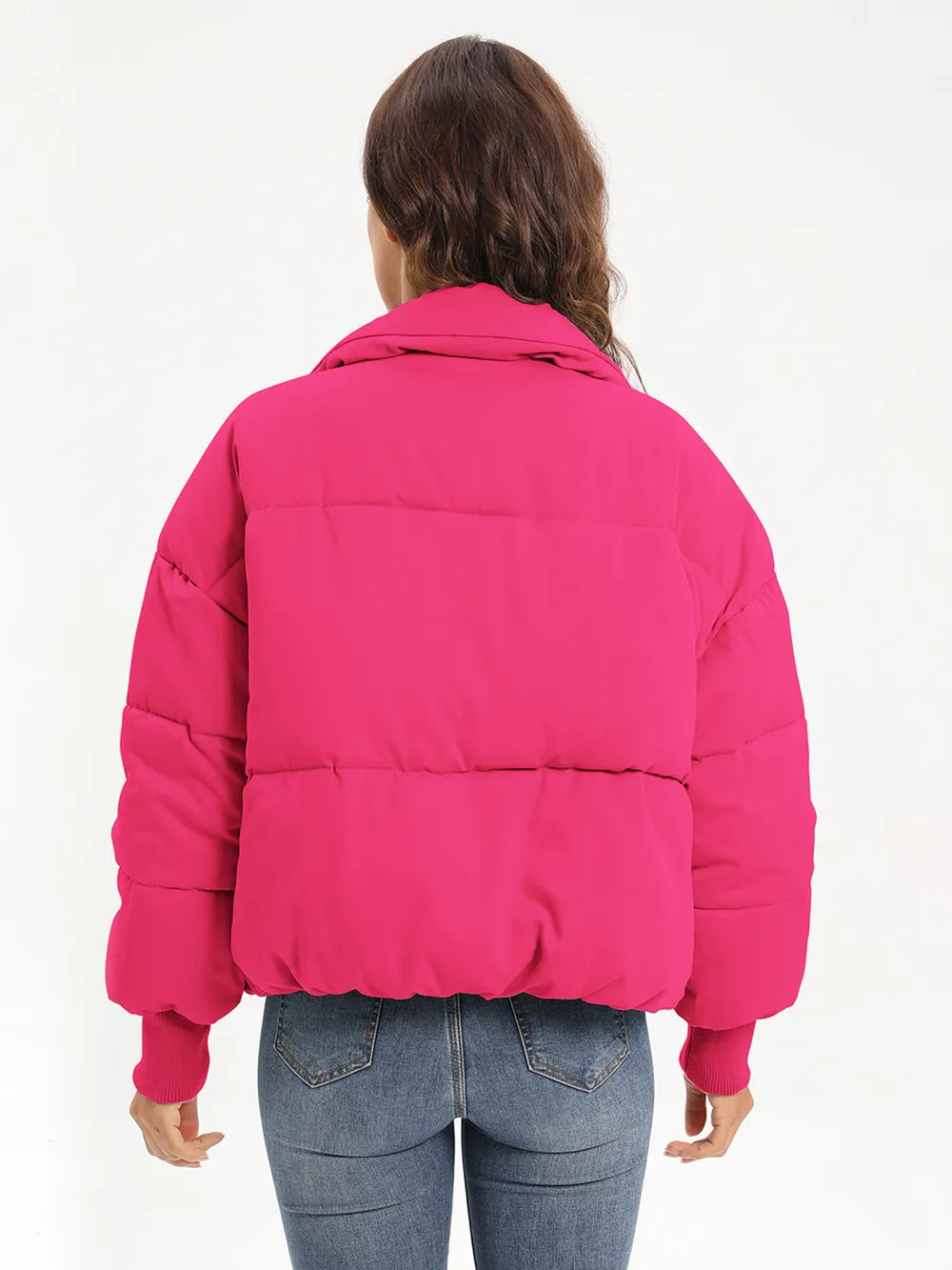 Hot pink zip-up turtleneck puffer jacket with hood