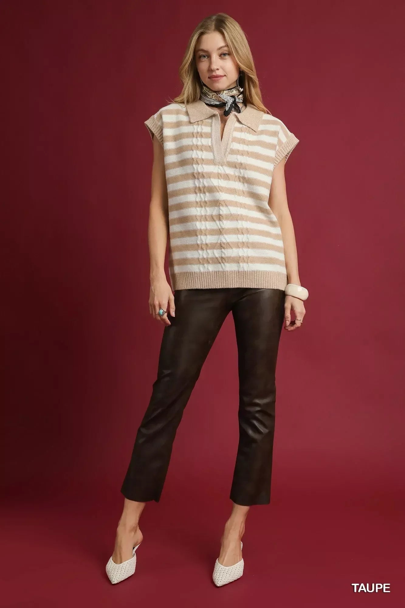 Umgee Cable Knit Collared Striped Vest Sweater - DAVERRI FASHIONS