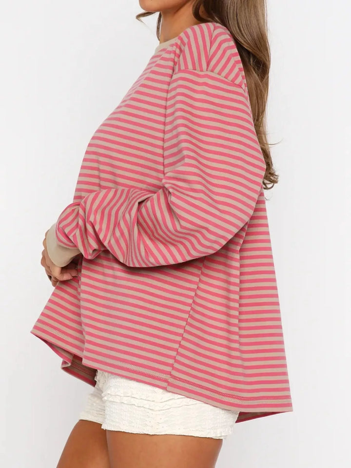 Striped Oversized Round Neck Sweatshirt | Sweatshirts Daverri Fashions