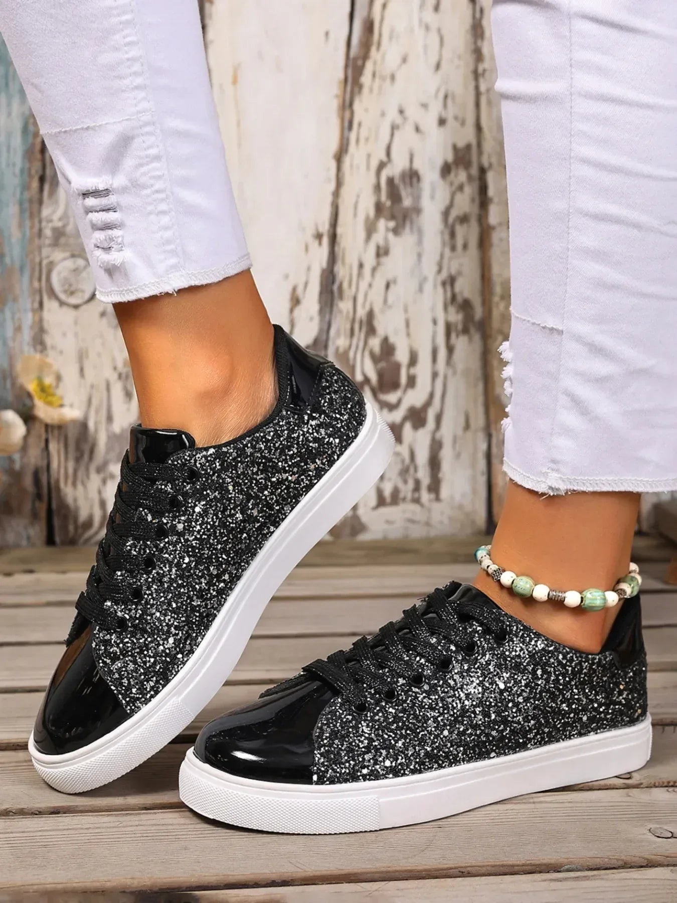 Sequin Lace Up Sneakers - DAVERRI FASHIONS