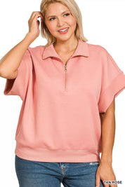 Zenana Full Size Scuba High Neck Half Zip Short Sleeve Top Plus Size | Tops Daverri Fashions