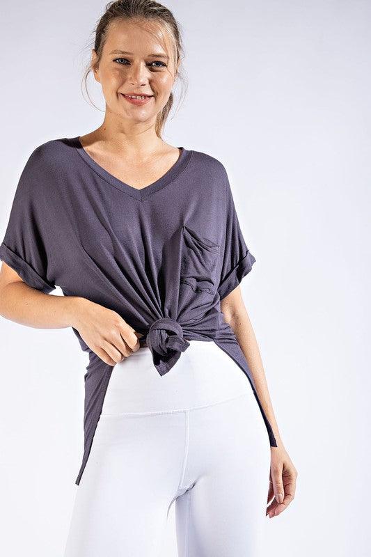 V Neck Basic High-Low Hem Top Coal Black M Shirts & Tops