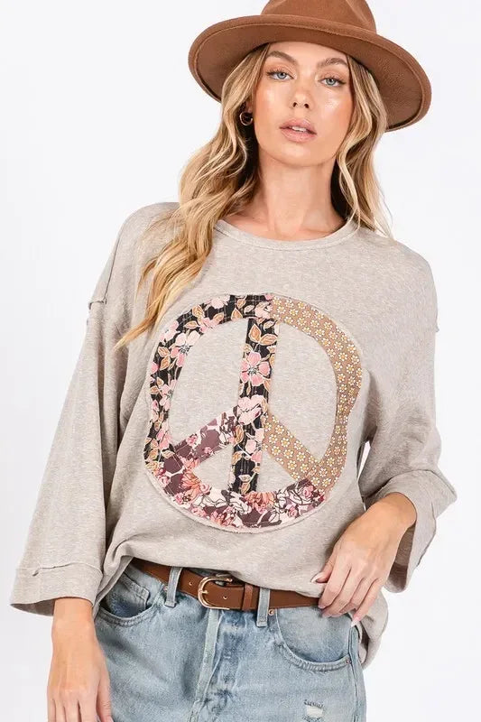 SAGE + FIG Floral Peace Patch Round Neck Top - DAVERRI FASHIONS