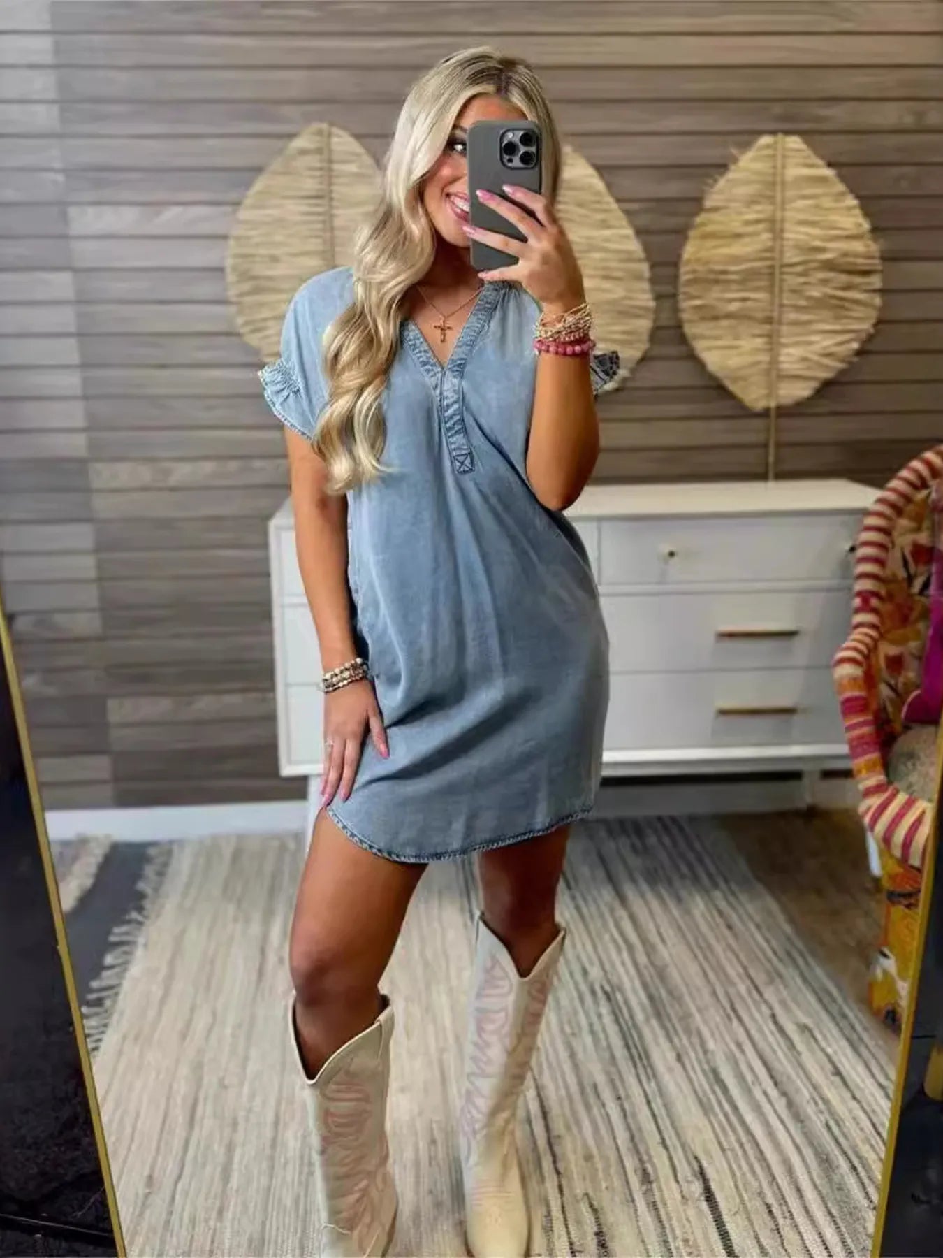 Blue Full Size V-Neck Short Sleeve Denim Dress Plus Size | Daverri Fashions