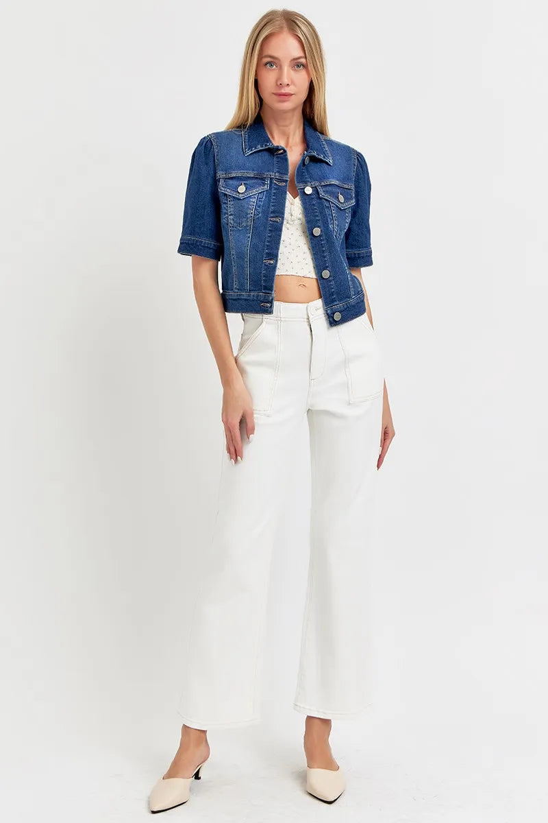 RISEN Puffed Short Sleeve Crop Denim Jackets Denim Jackets
