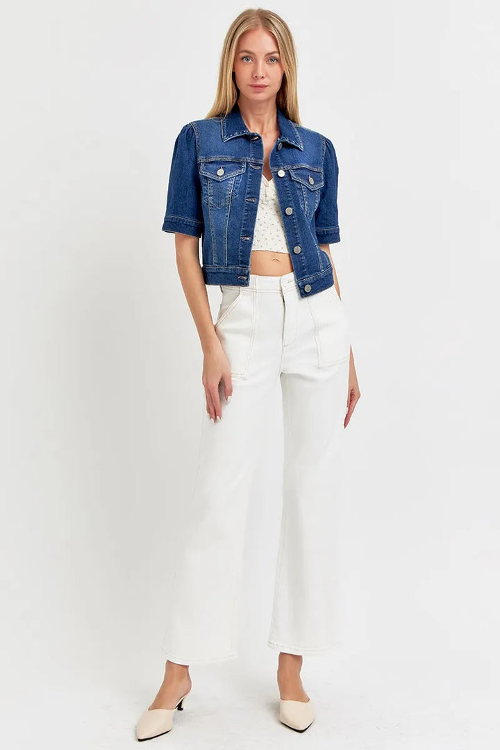 RISEN Puffed Short Sleeve Crop Denim Jackets Denim Jackets