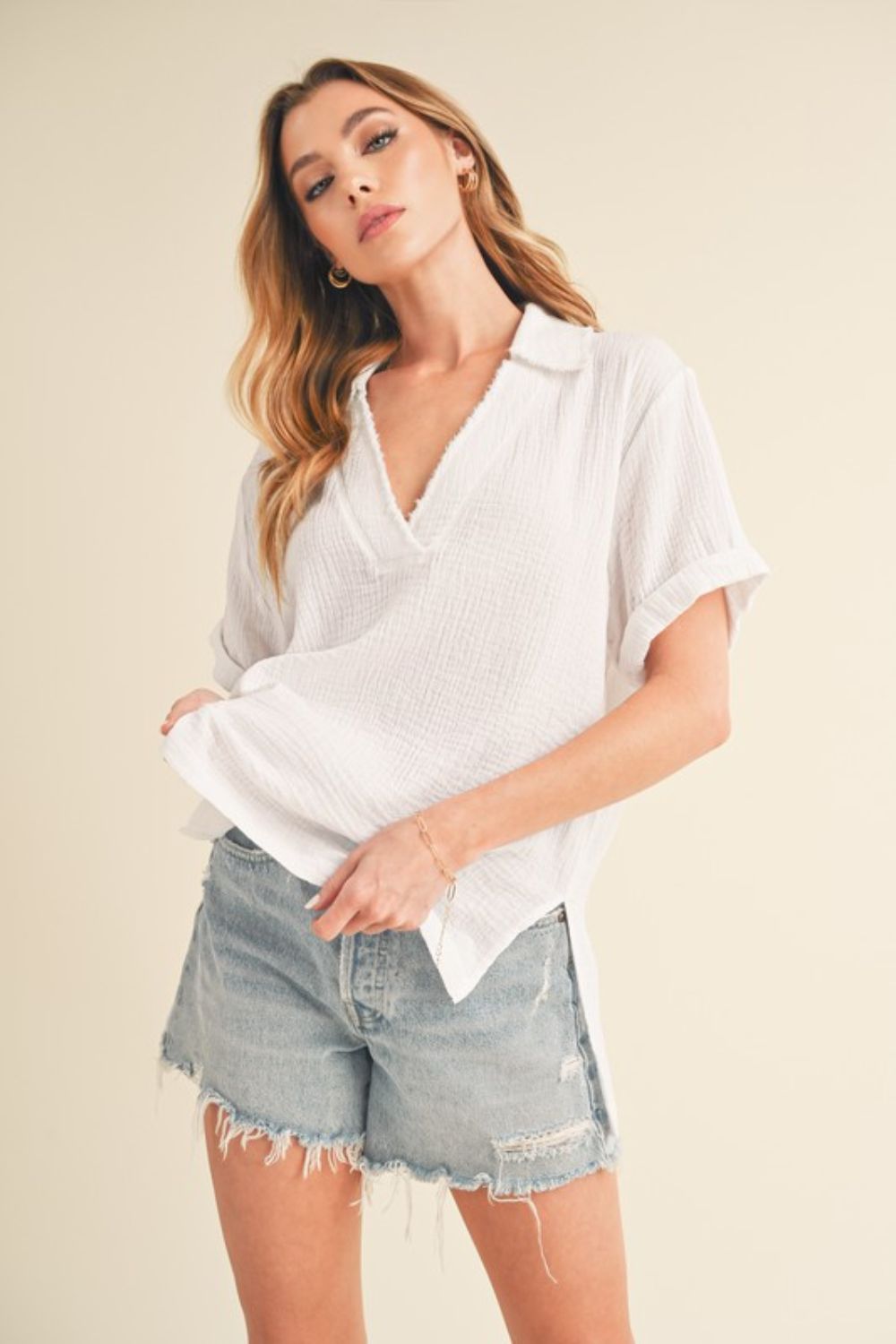 Aemi + Co Side Slit Johnny Collar Short Sleeve Cotton Gauze Blouse White Blouses