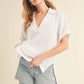Aemi + Co Side Slit Johnny Collar Short Sleeve Cotton Gauze Blouse - DAVERRI FASHIONS