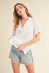 Aemi + Co Side Slit Johnny Collar Short Sleeve Cotton Gauze Blouse - DAVERRI FASHIONS