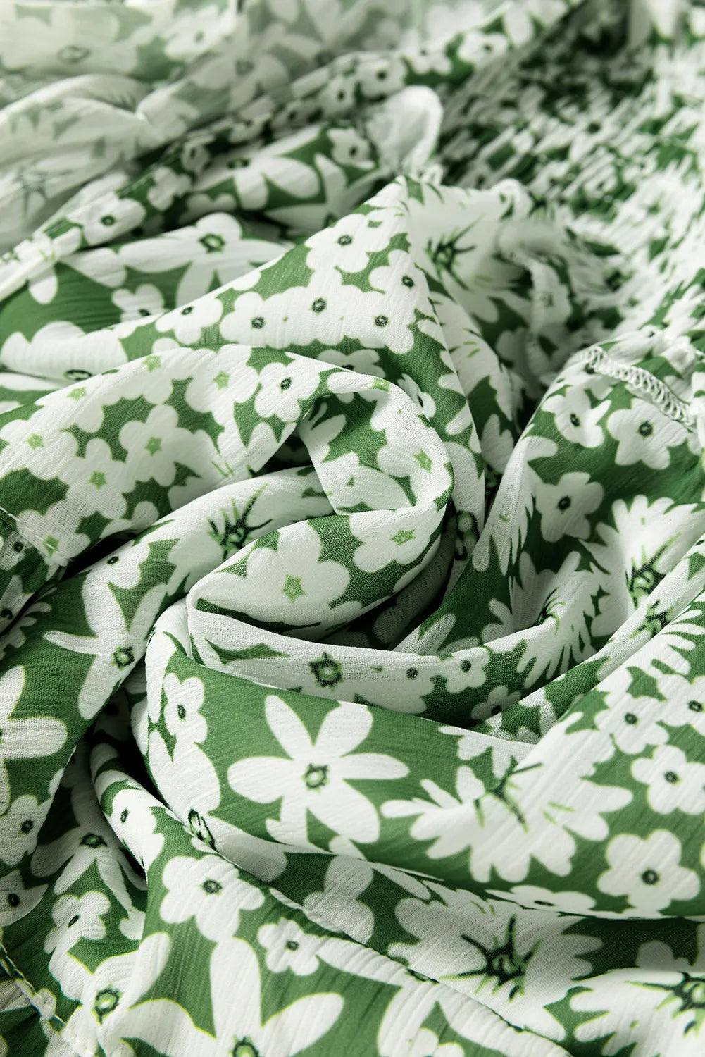 Soft green white floral embroidered ruffle hem mini dress