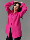 Vibrant pink textured cotton button-up shirt with flounce sleeves