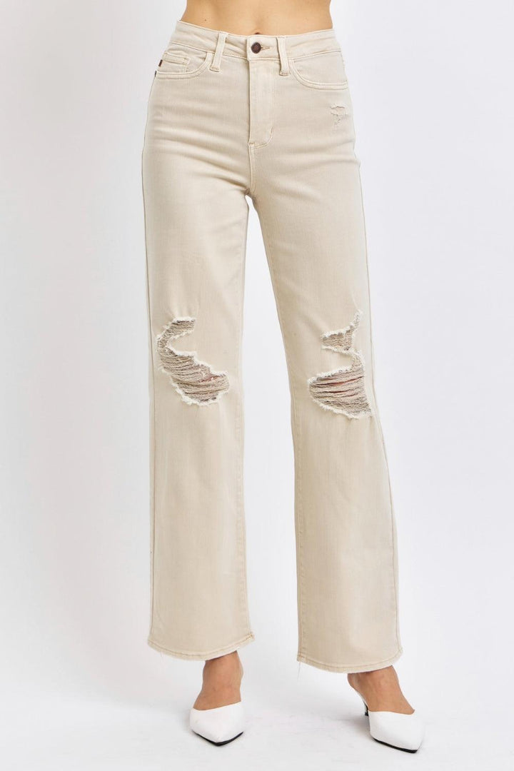 Judy Blue High Waist Distressed Wide Leg Jeans BONE Jeans