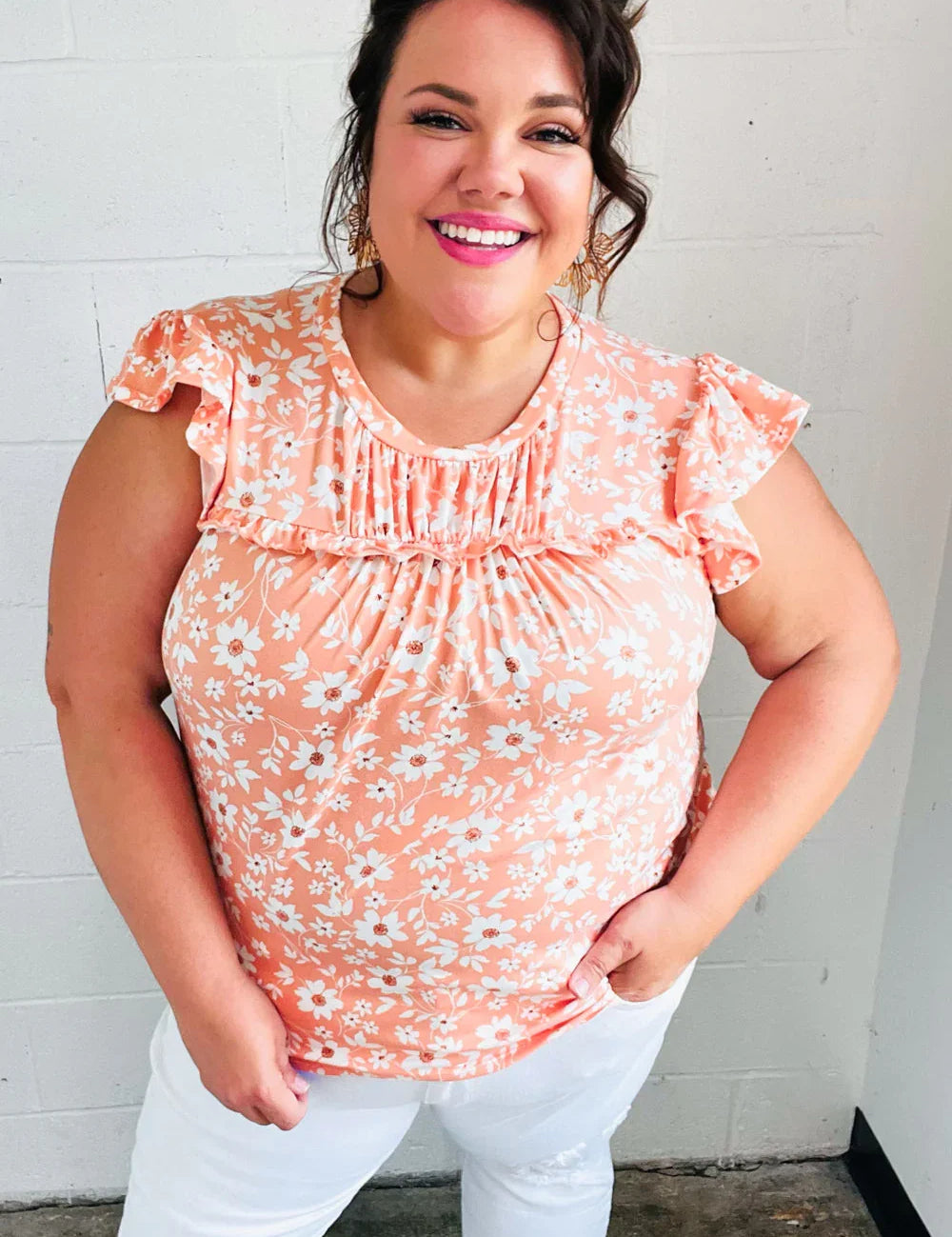 Peach Floral Print Frilled Short Sleeve Yoke Top | Daverri Fashions