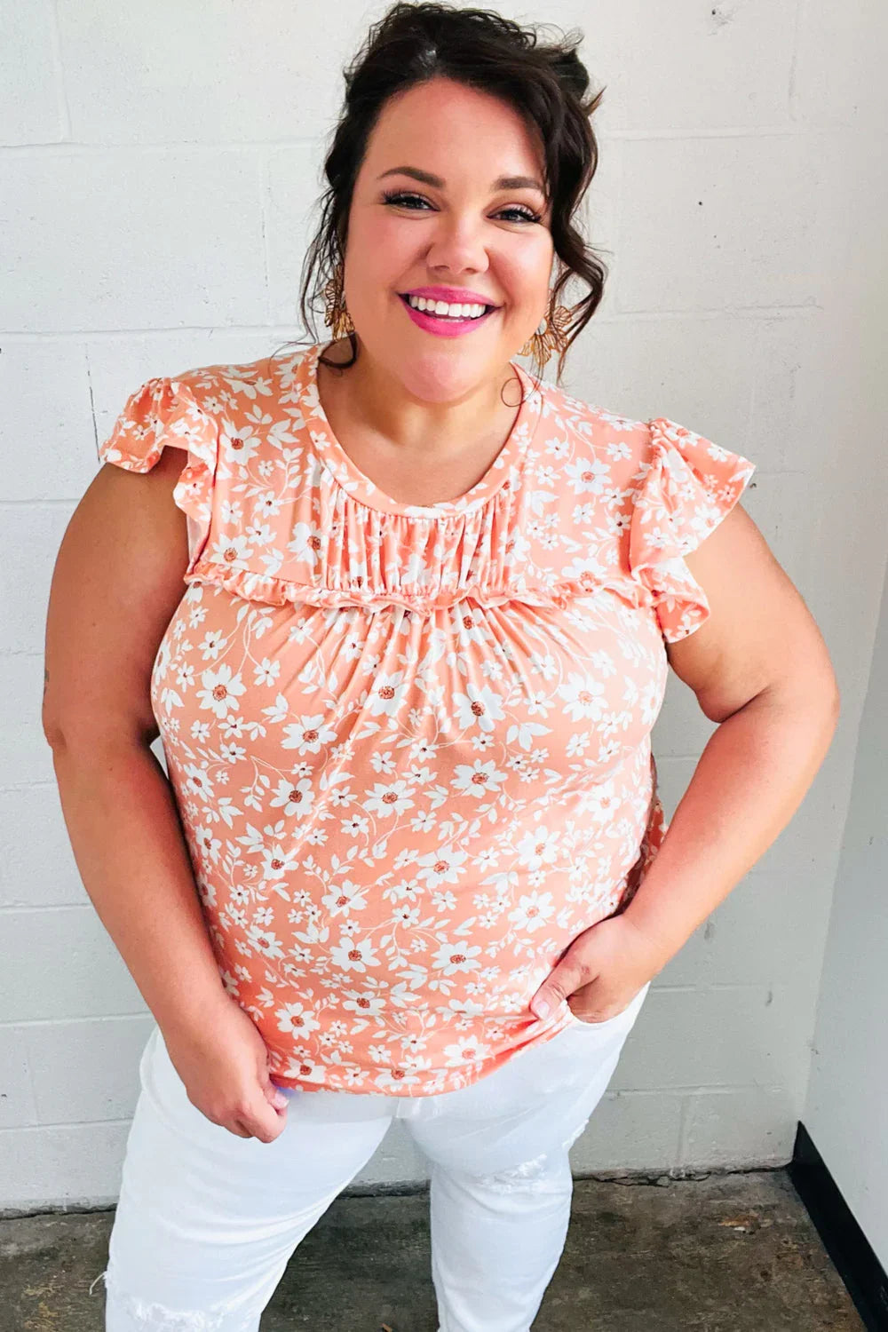 Peach Floral Print Frilled Short Sleeve Yoke Top | Daverri Fashions