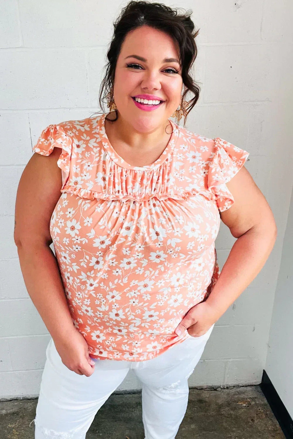 Peach Floral Print Frilled Short Sleeve Yoke Top - DAVERRI FASHIONS