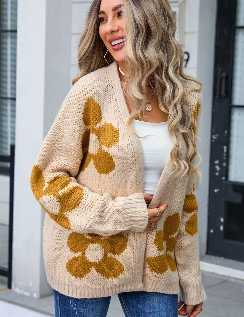 Flower Open Front Long Sleeve Cardigan | Cardigans Daverri Fashions