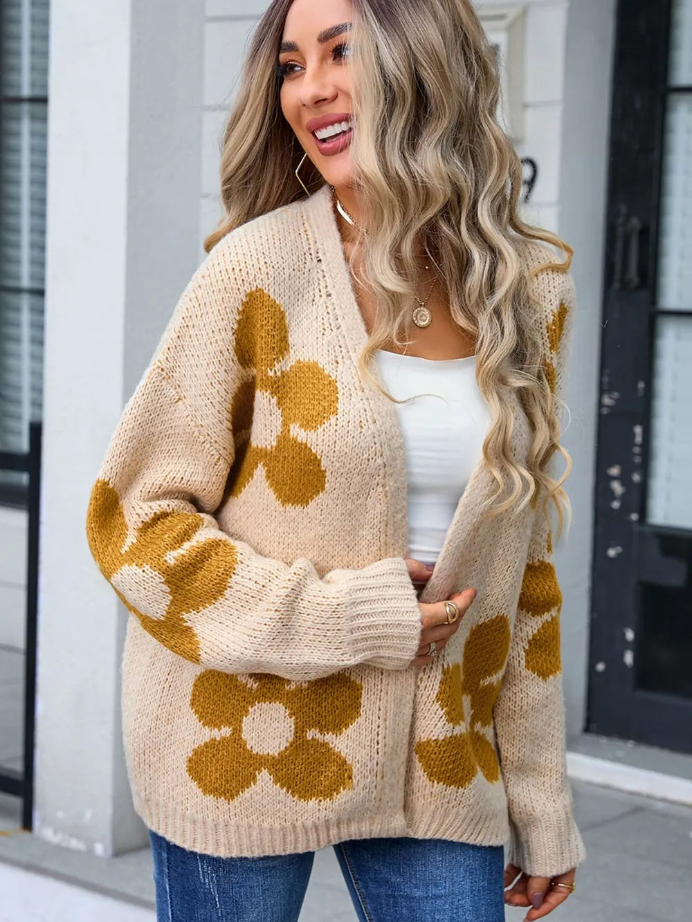 Flower Open Front Long Sleeve Cardigan | Cardigans Daverri Fashions