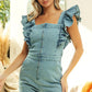 BiBi Zip Up Front Denim Romper With Ruffles Rompers