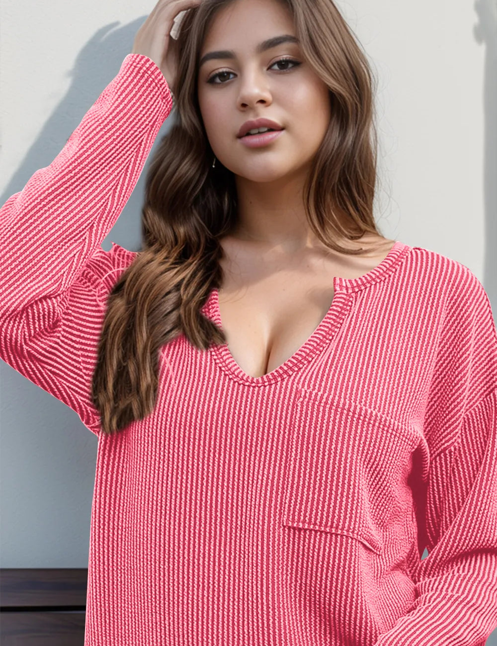 Double Take Striped Notched Long Sleeve T-Shirt | T-Shirts Daverri Fashions