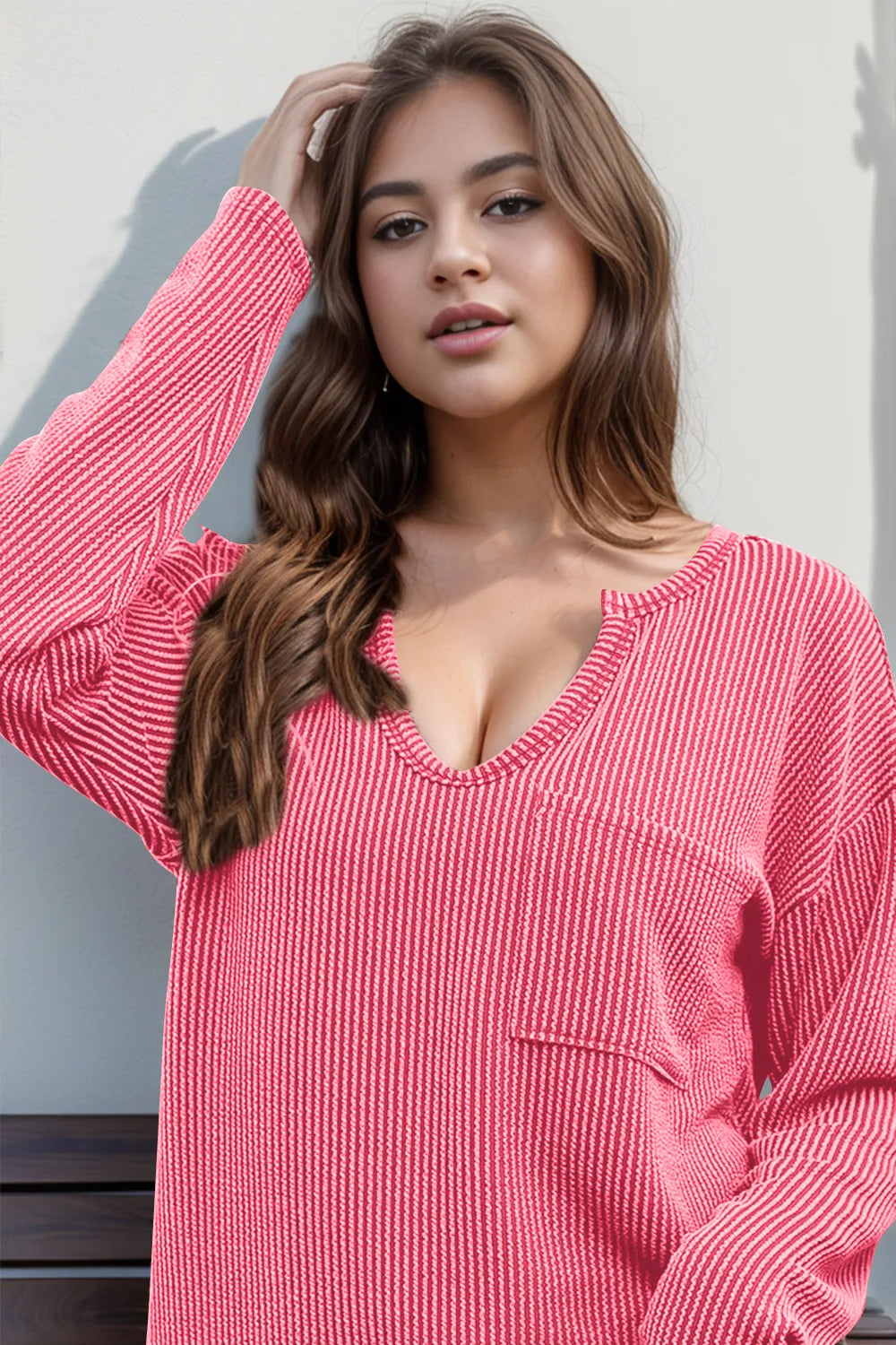 Double Take Striped Notched Long Sleeve T-Shirt | T-Shirts Daverri Fashions