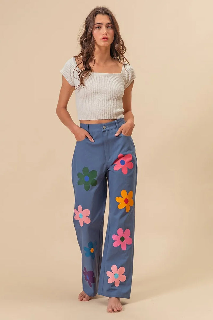 BiBi Flower Print Straight Legs Pants Pants