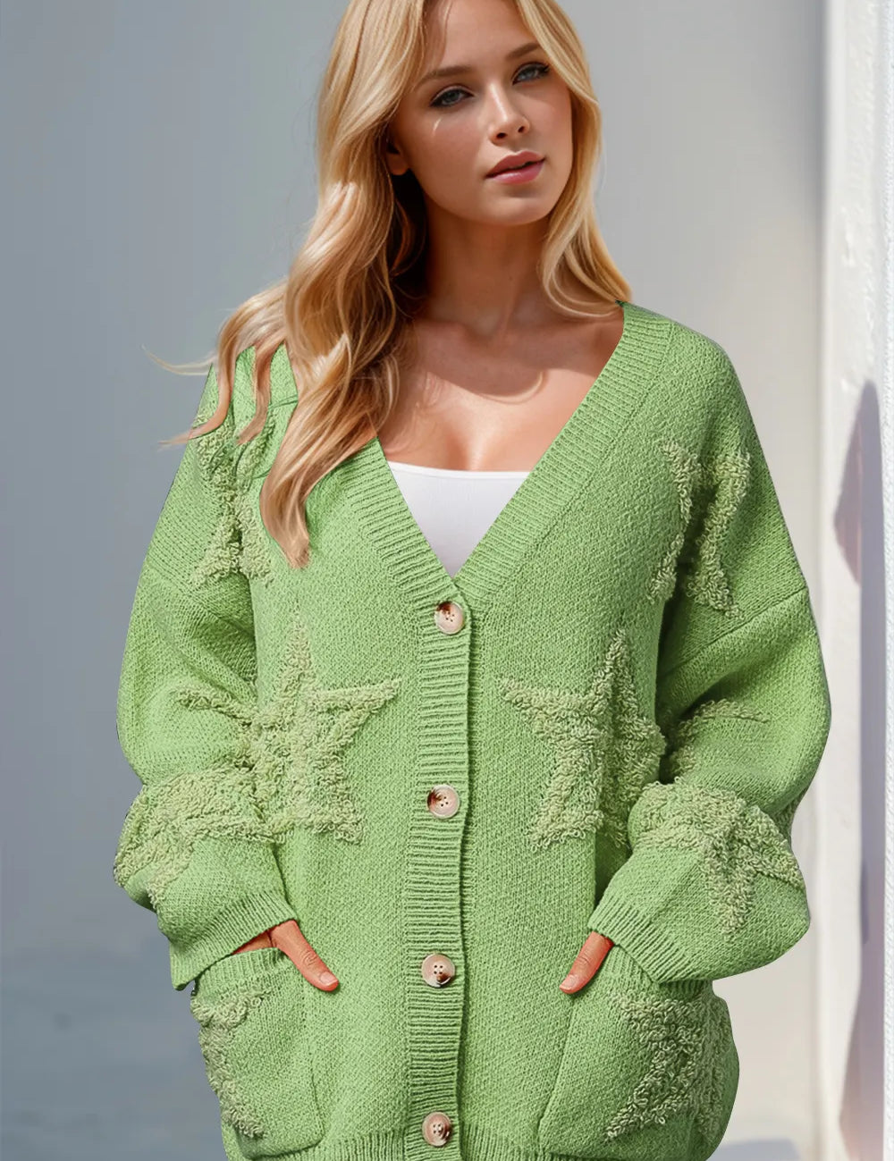 Gum Leaf Double Take Full Size Button Up Star Pattern Cardigan | Cardigans Daverri Fashions