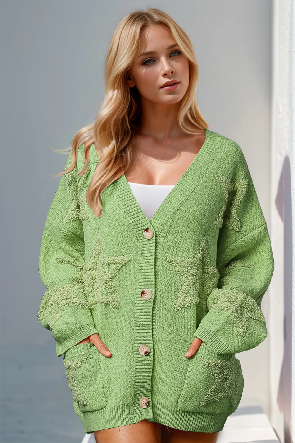 Gum Leaf Double Take Full Size Button Up Star Pattern Cardigan | Cardigans Daverri Fashions