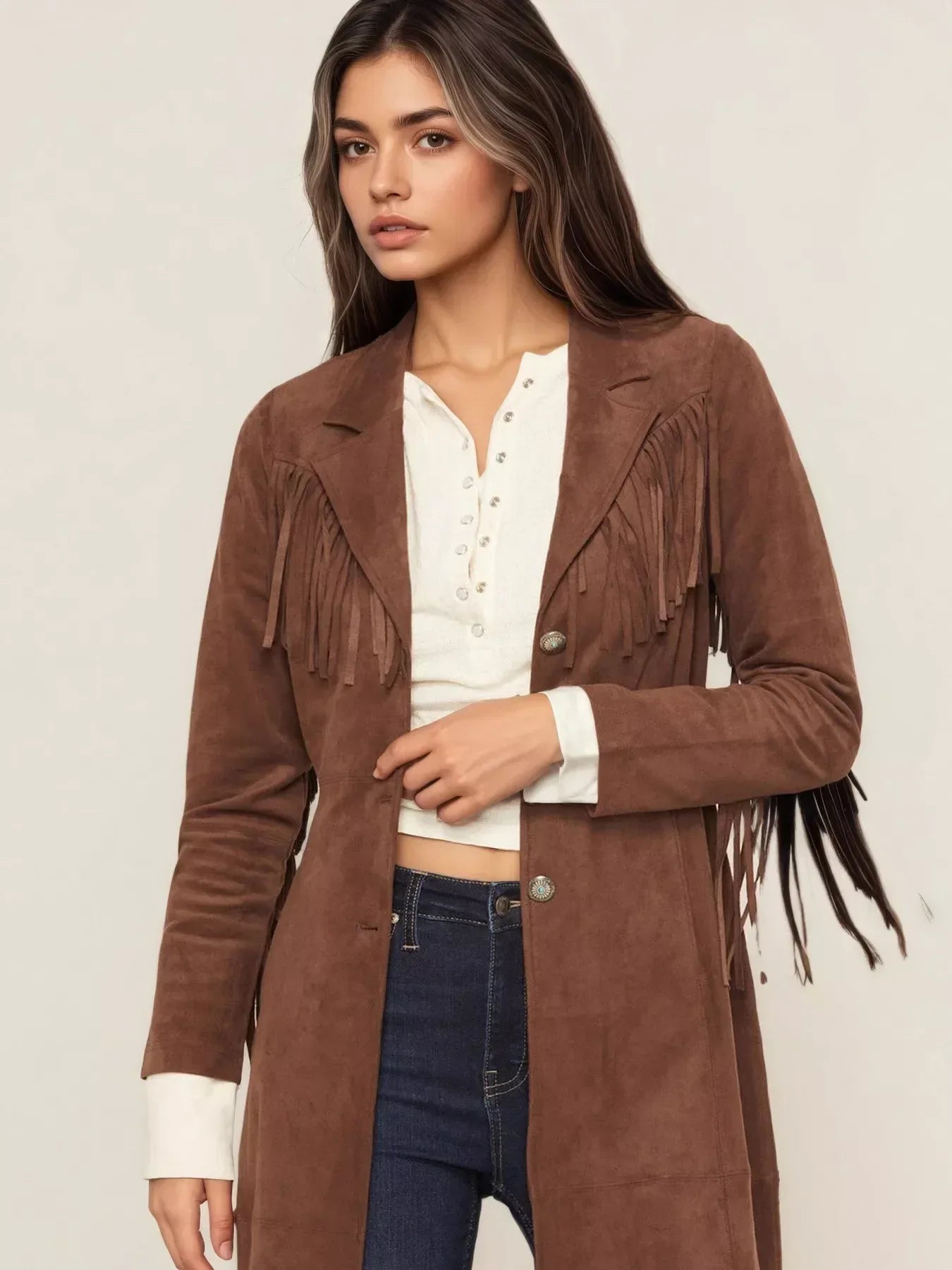 Fringe Lapel Collar Long Sleeve Coat - DAVERRI FASHIONS