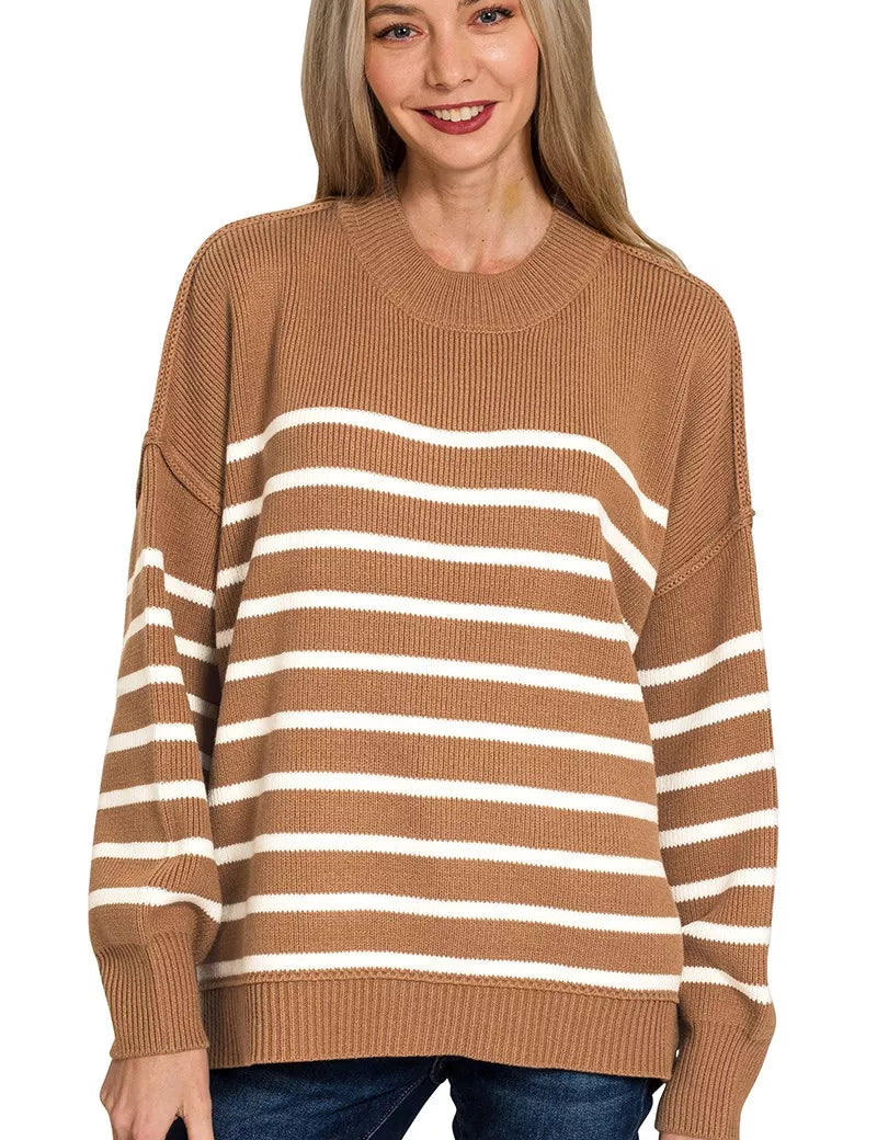 DEEP CAMEL Zenana Exposed Seam Striped Oversized Sweater Camel | Sweaters Daverri Fashions