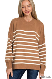DEEP CAMEL Zenana Exposed Seam Striped Oversized Sweater Camel | Sweaters Daverri Fashions