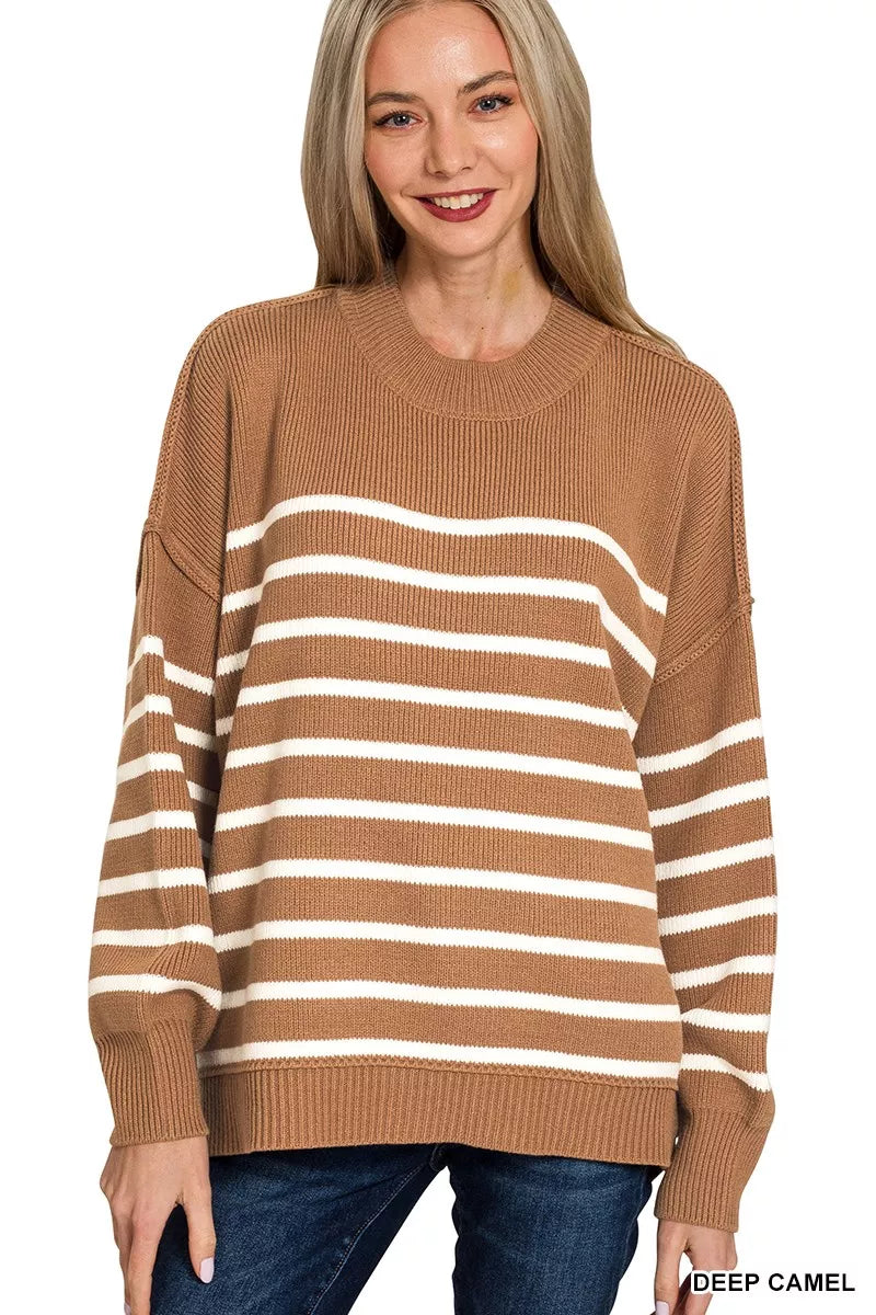 DEEP CAMEL Zenana Exposed Seam Striped Oversized Sweater Camel | Sweaters Daverri Fashions
