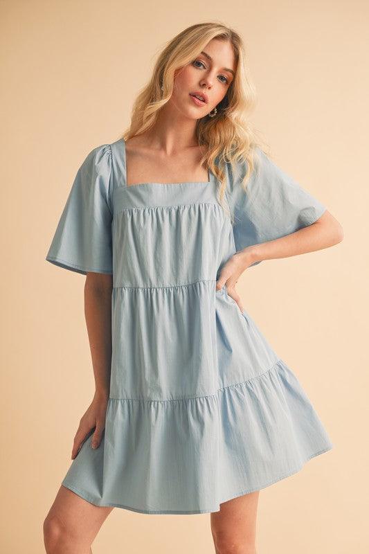 Aemi + Co Square Neck Half Sleeve Tiered Dress - DAVERRI FASHIONS