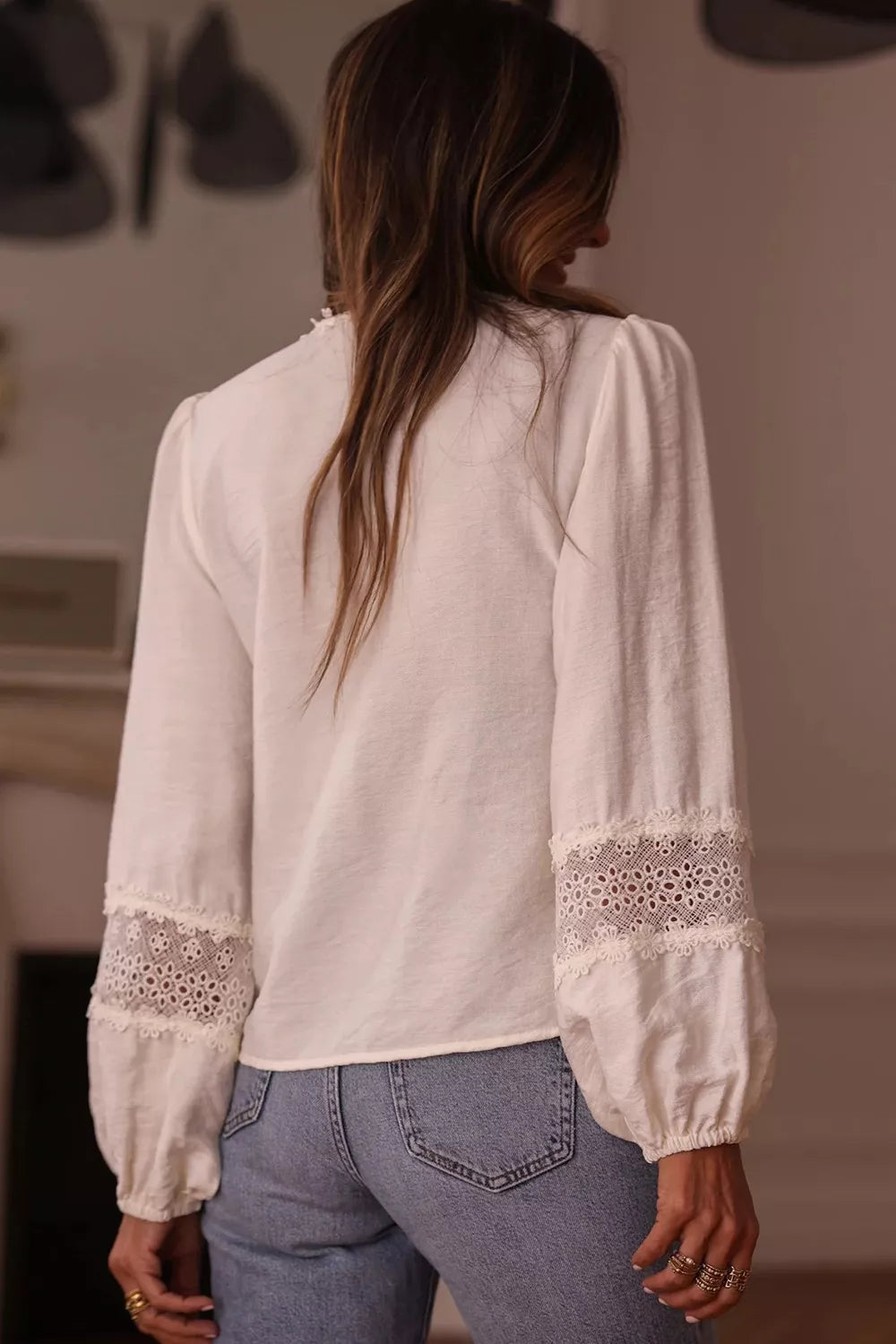 White lace trim V-neck blouse with delicate cuffs and puffed sleeves