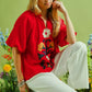 Red Umgee embroidered boho floral blouse with puff sleeves and V-neck