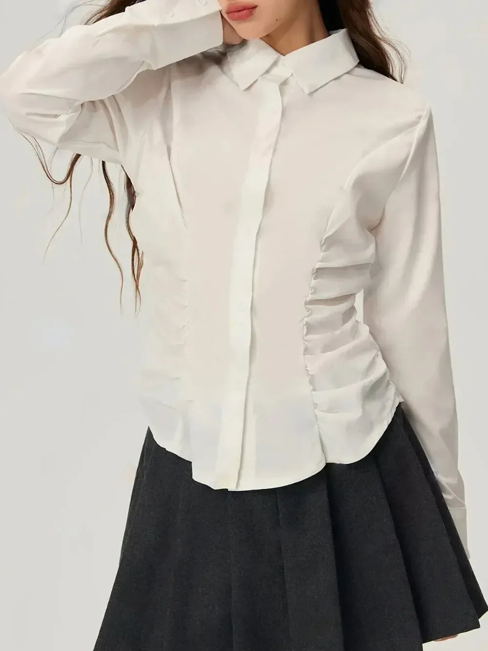 Ruched Button Down Long Sleeve Shirt - DAVERRI FASHIONS