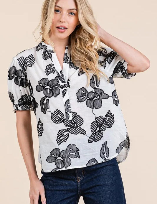 IVORY BLACK Lime 'N' Chili Embroidered Split Neck Puff Sleeve Blouse | Daverri Fashions