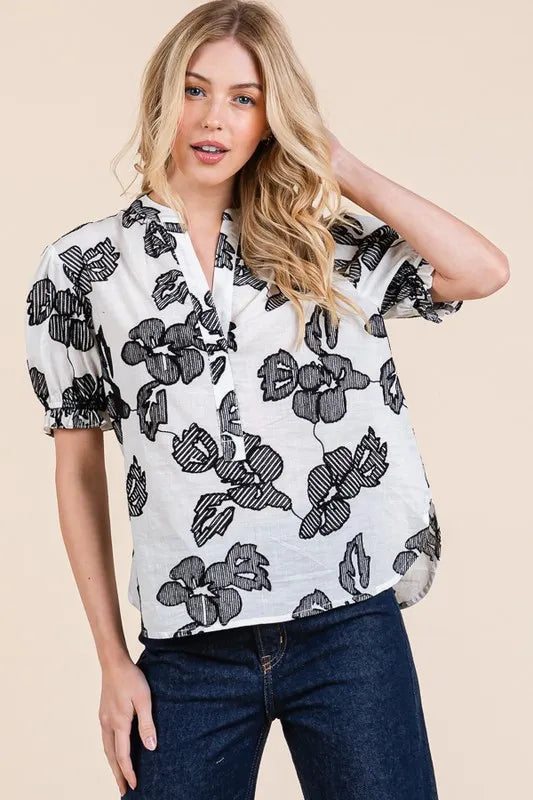 Lime 'N' Chili Embroidered Split Neck Puff Sleeve Blouse IVORY BLACK