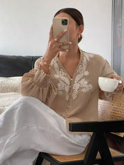 Daverri Fashions Embroidered Notched Long Sleeve Blouse - DAVERRI FASHIONS