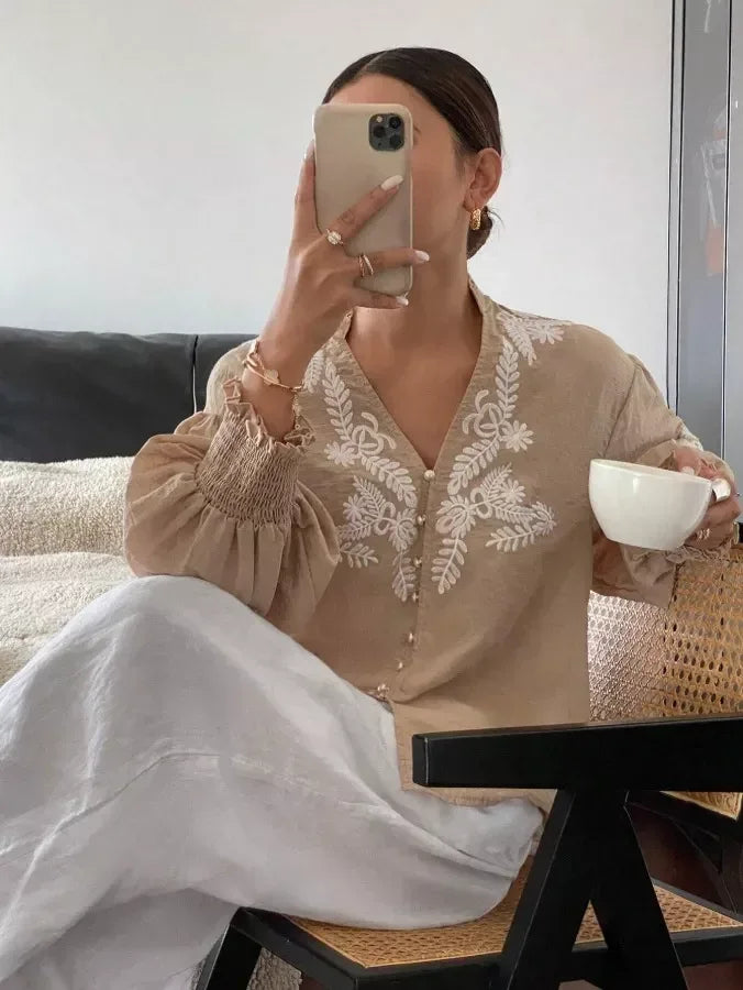 Daverri Fashions Embroidered Notched Long Sleeve Blouse - DAVERRI FASHIONS