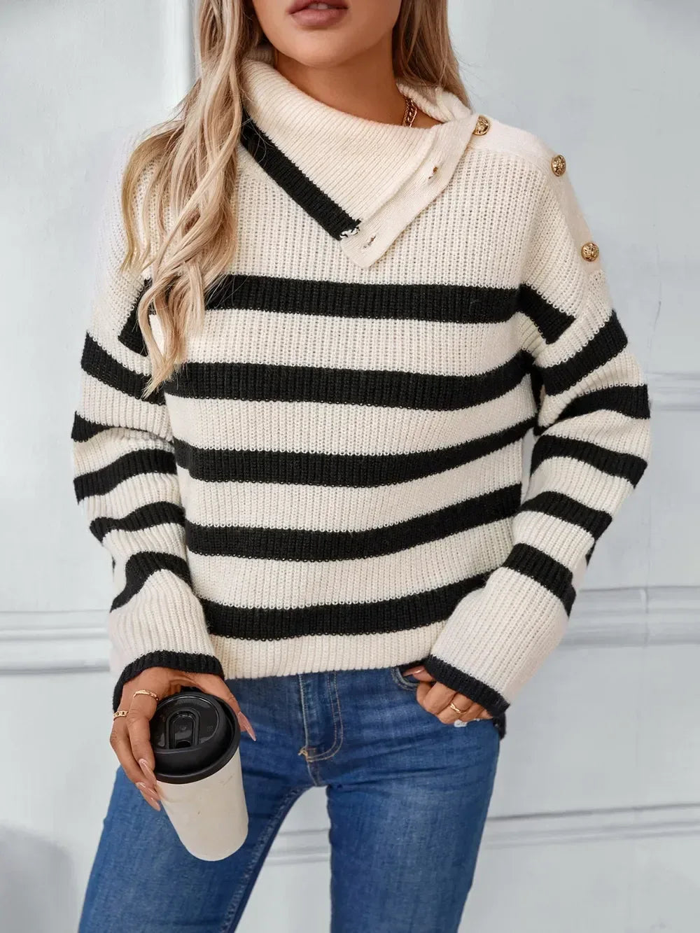 Buttoned Striped Long Sleeve Sweater - DAVERRI FASHIONS
