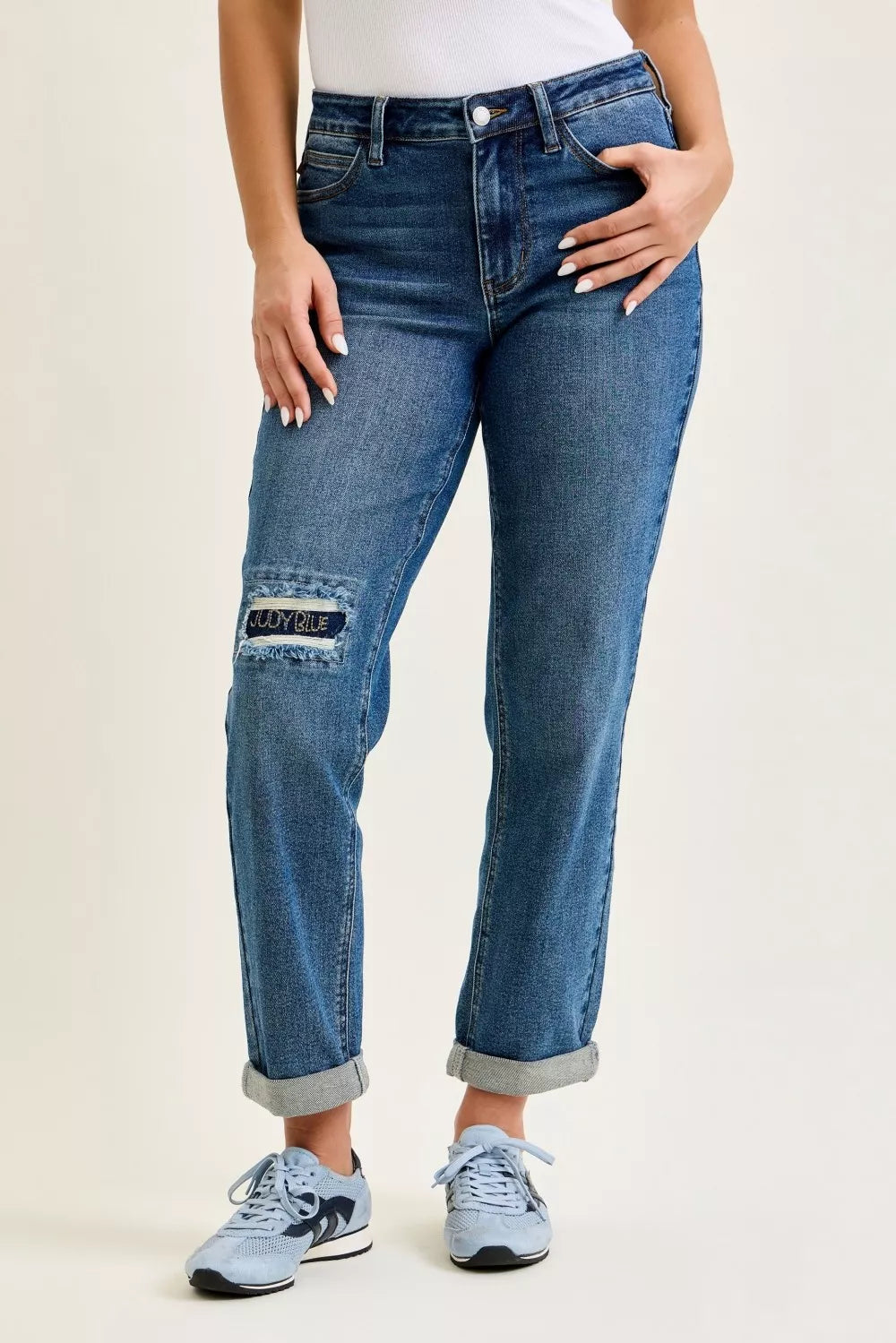 Judy Blue mid-rise boyfriend jeans with love que embroidered knee patch