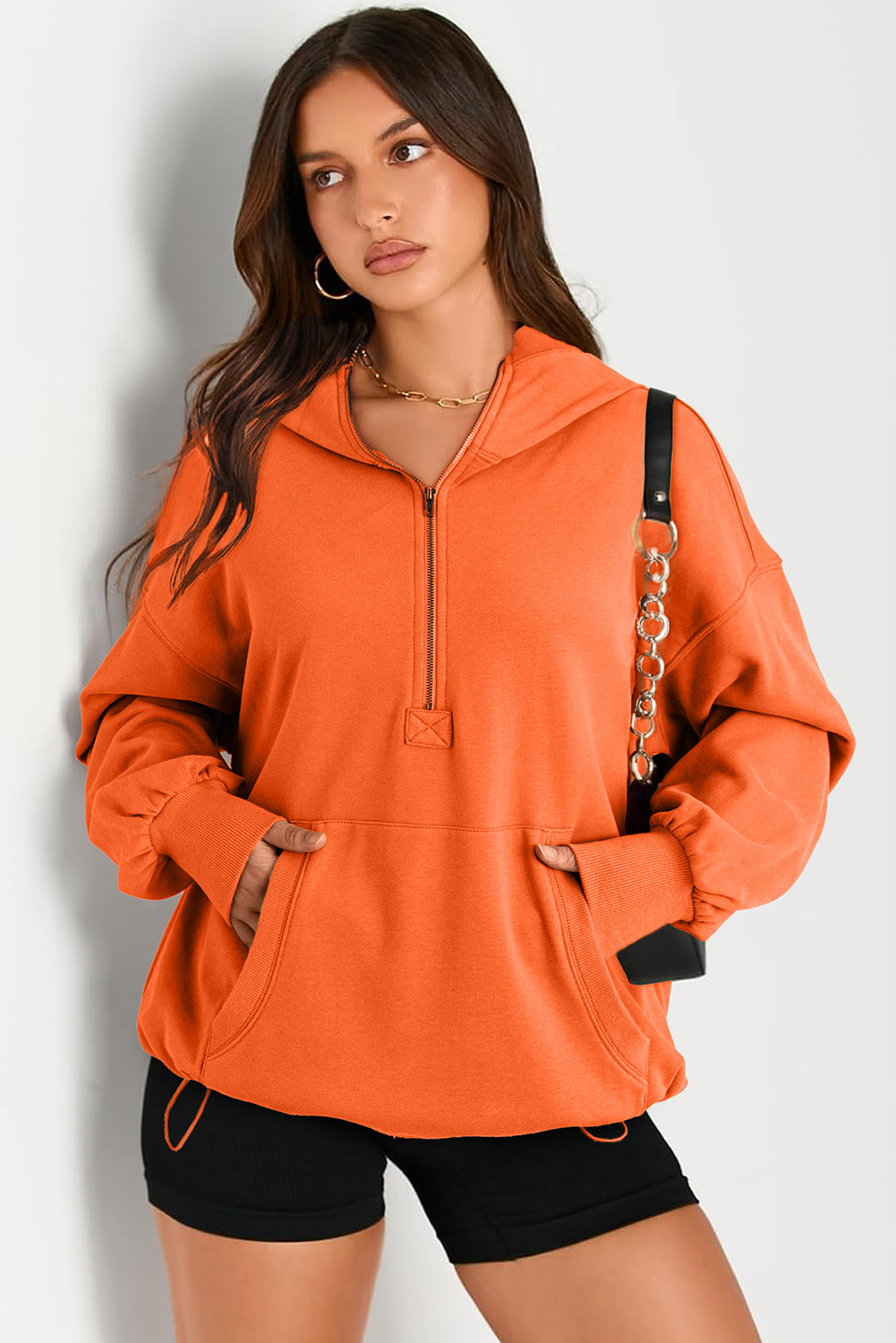 Pocketed Half Zip Long Sleeve Hoodie Orange Tops