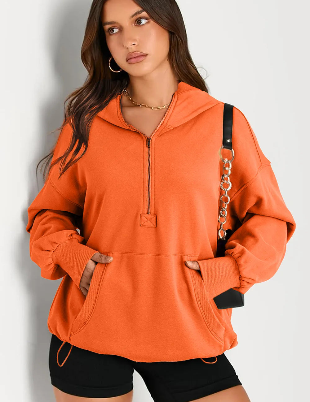 Orange Pocketed Half Zip Long Sleeve Hoodie | Hoodies Daverri Fashions