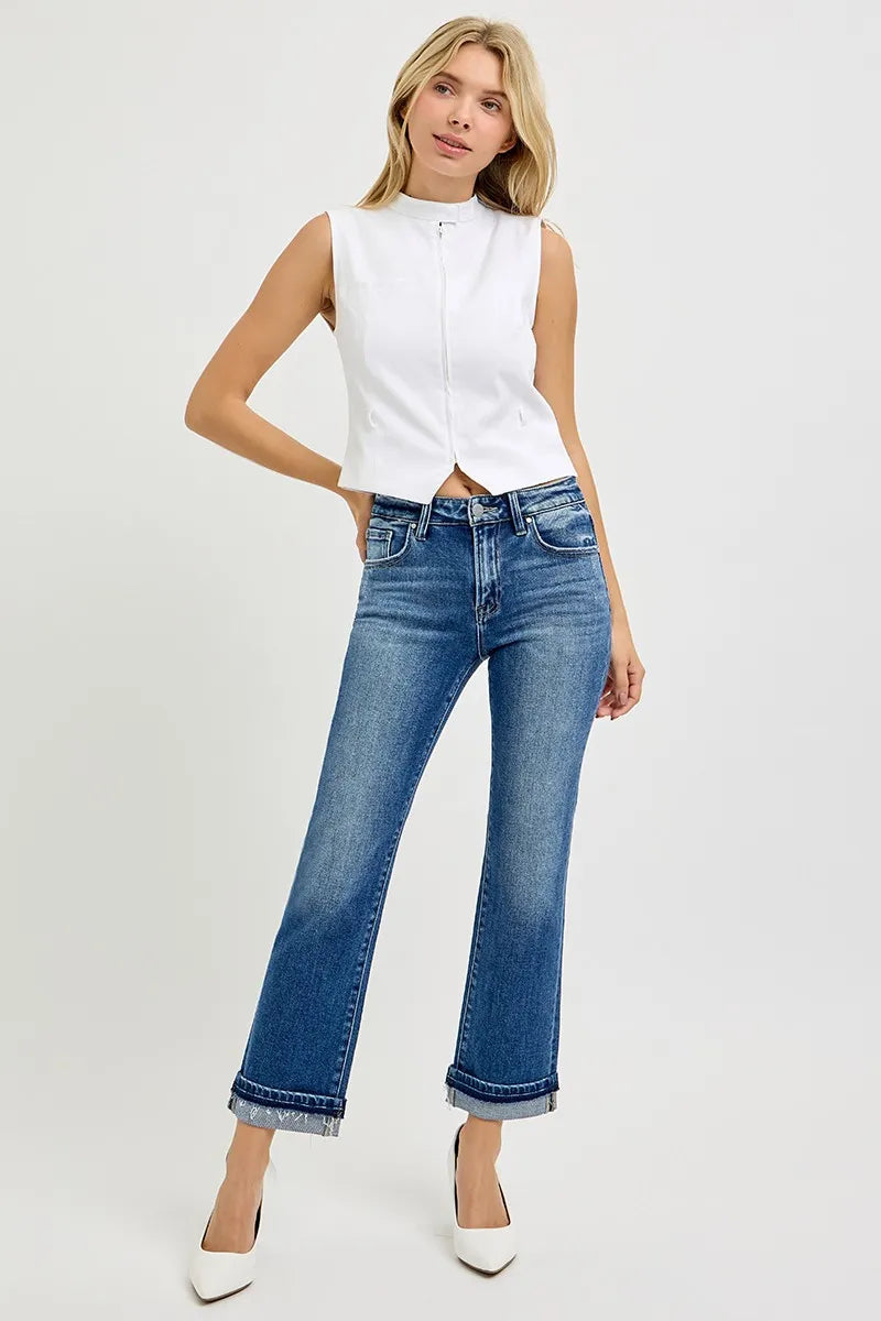 RISEN Mid Rise Ankle Straight Cuffed Jeans | Jeans Daverri Fashions