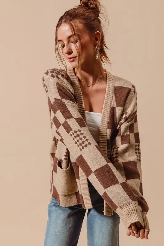 SO ME Checkered Open Front Cardigan with Pockets