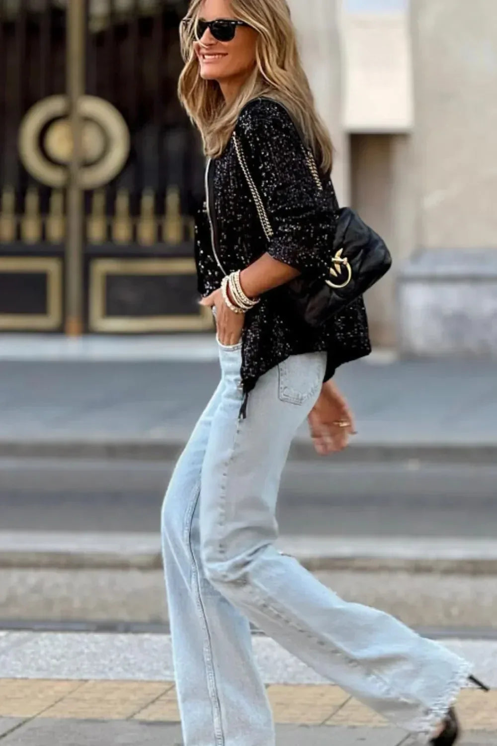 Sequin Zip Up Long Sleeve Jacket - DAVERRI FASHIONS